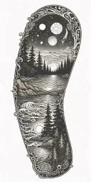 flowing waves, surrounded by a mystical forest scene,subtle elements of sacred geometry and glowing stars and light tattoo design idea