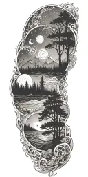 flowing waves, surrounded by a mystical forest scene,subtle elements of sacred geometry and glowing stars and light tattoo design idea