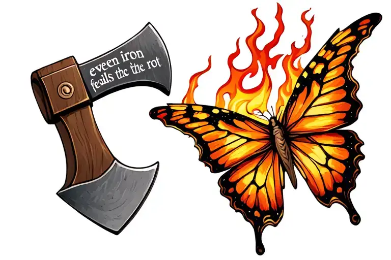 "even iron still fears the rot" "even iron still fears the rot" "even iron still fears the rot" axe with butterfly with flames tattoo design idea