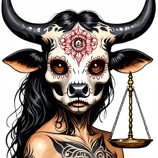 woman body bull with sugar skull markings, brown eyes and two Libra scales with extra dark background tattoo design idea