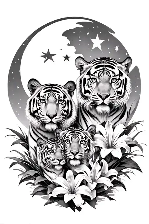 tiger family with 1 adult tiger and 2 cubs tiger lilies and moon and stars forming the shape tattoo design idea