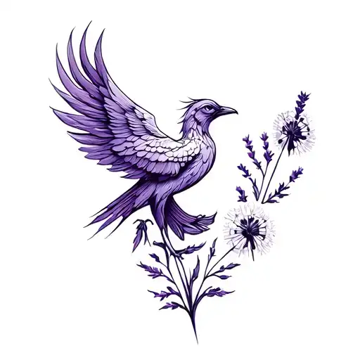 phoenix bird with lavender and dandelion tattoo design idea