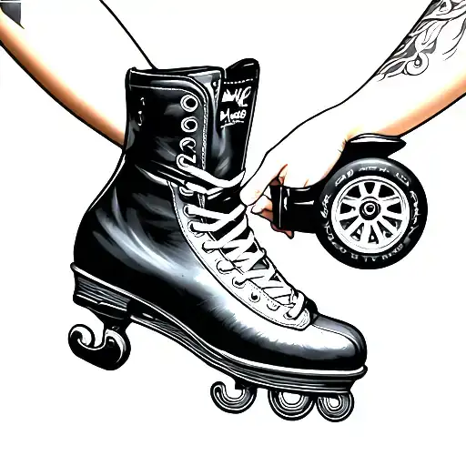 arms of a girl who wears a wheel skate in one hand and in the other a flamenco heel, with fine lines without color tattoo design idea