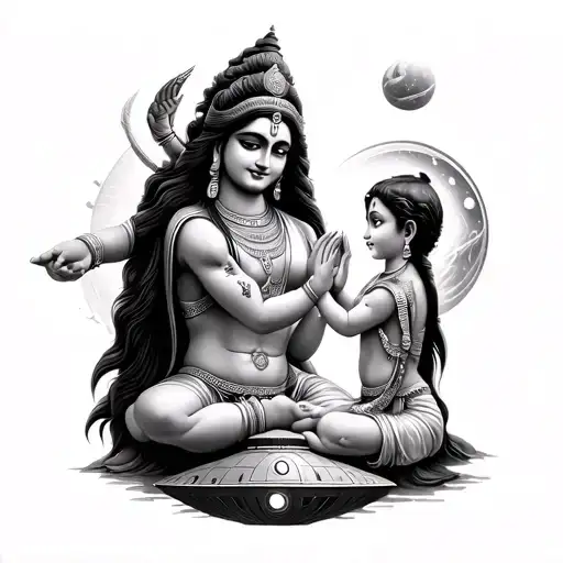 an image of shiva and parvati blessing a soul to enter in a baby boy delevering that soul through alien space ship tattoo design idea