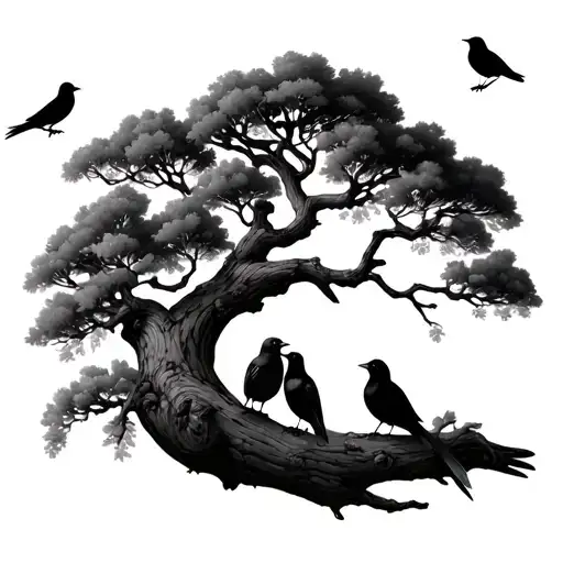 part of a tree with 3 birds sitting on one branch, 1 bird sitting on another branch, and one more bird on a third branch tattoo design idea