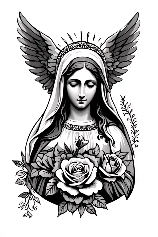 tattoo - rosa carmina and guadalupe with a rose by the name rosa and the virgin mary angel under the name guadalupe tattoo design idea