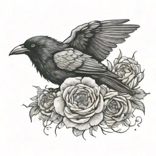 crow and ranunculus flowers tattoo design idea
