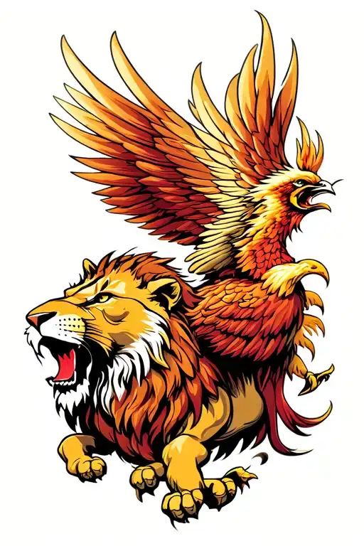 lion roaring and Phoenix rising Phoenix wings spread bright tattoo design idea