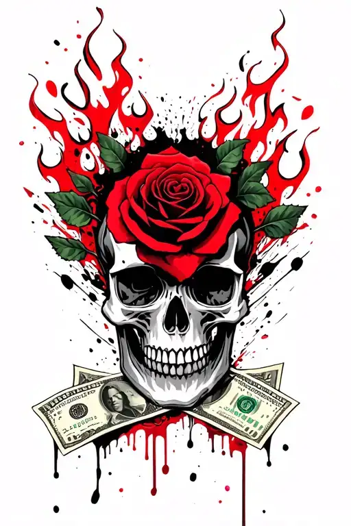 skull rose 100 dollar bills with flames left arm sleeve tattoo design idea