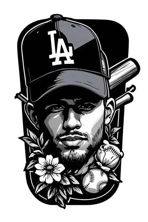 LA Dodgers with floral, baseball cap, baseball glove, and baseball bat tattoo design idea