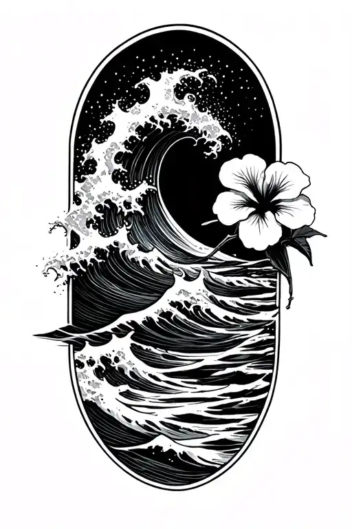 waves crashing on the beach with small hibiscus vine on right side tattoo design idea