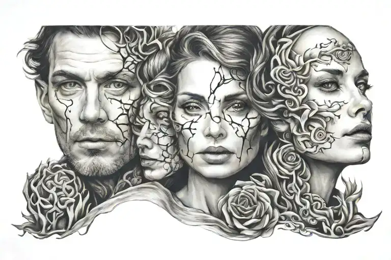 3 faces merged together tattoo design idea