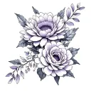 Fine line wrap around ankle chrysanthemum, violet, rose, carnation tattoo design idea