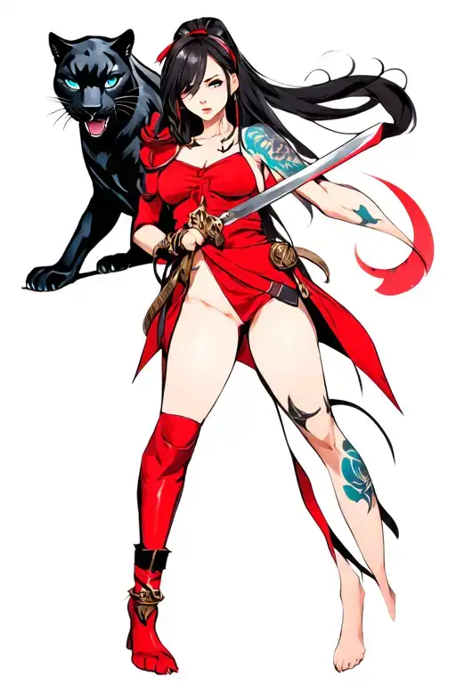 anime woman holding a sword and dressed in red with a black panther with blue eyes next to her tattoo design idea