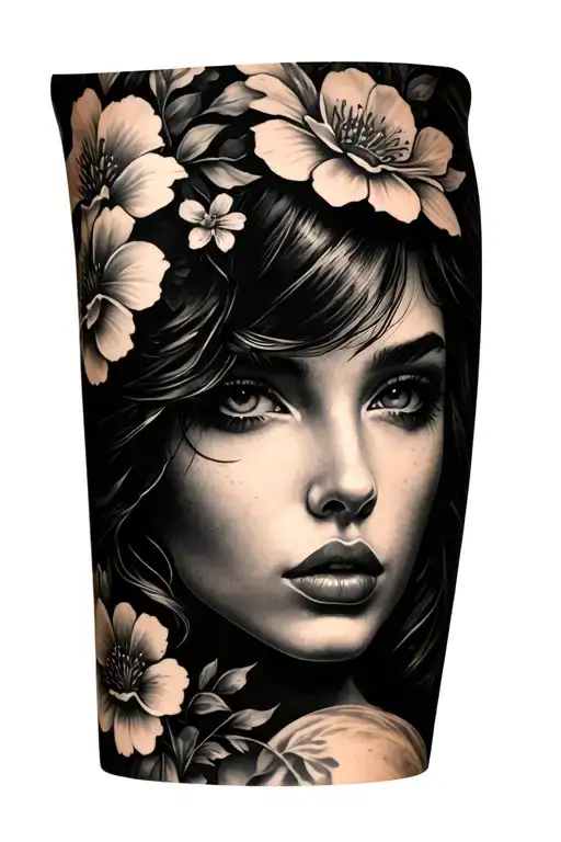 Blackout arm sleeve with a female face and flowers  tattoo design idea