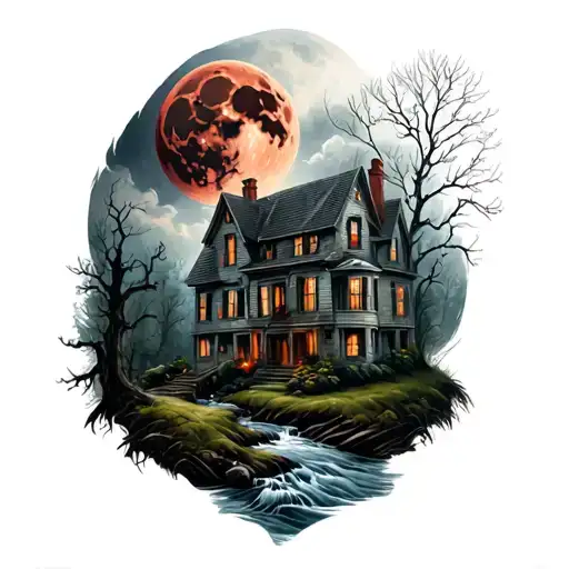 Full sleeve tattoo haunted house with Amityville house windows a blood moon sticking out overlooking a forest and stream tattoo design idea