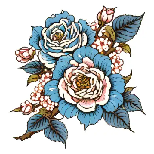Blue roses and cherry blossom flowers  tattoo design idea