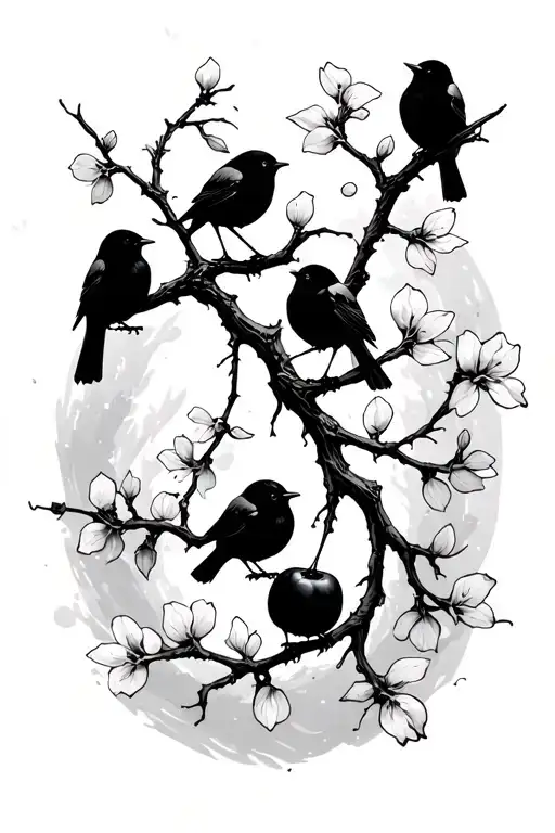sideways skinny spooky scary cherry branch with minimal blossoms and four very small solid black birds sitting  tattoo design idea