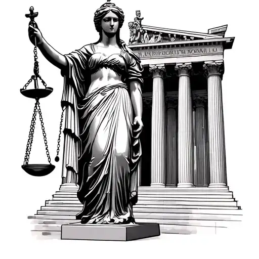 the lady of justice full body statue standing side view with parthenon behind small tattoo design idea