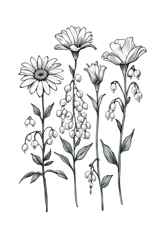 daisy, hawthorn, lily of the valley, rose ,larkspur,poppy & narcissus tattoo design idea