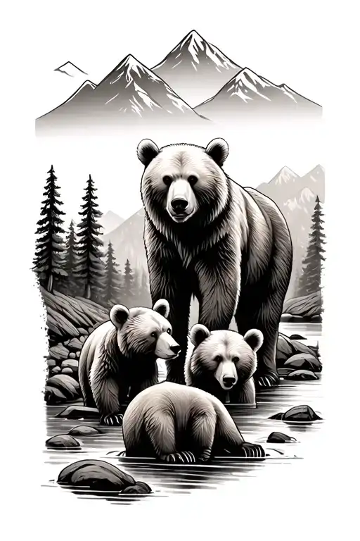Father and mother bears with two cubs by a mountain stream with trees and mountains in the background tattoo design idea