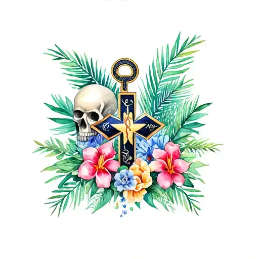 "Memento Mori " EMS star of life with Hawaiian flowers, skulls, and palm leaves surrounding  tattoo design idea