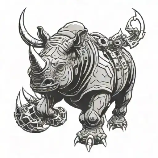 aggressive pumped up rhinoceros in cyberpunk style tattoo design idea