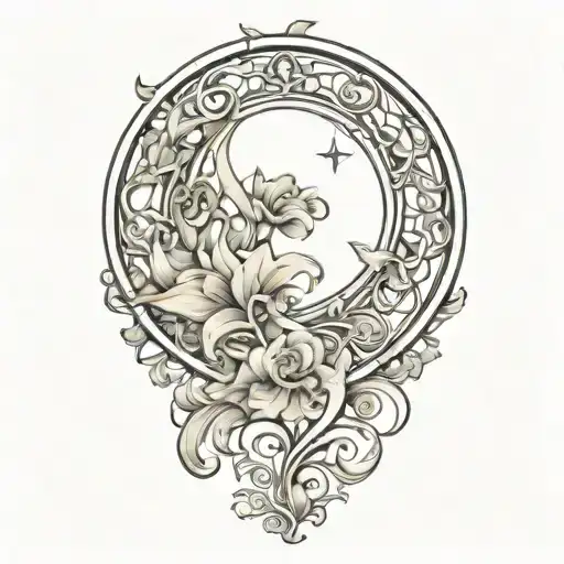 crescent moon above, floral, art nouveau  tattoo design idea