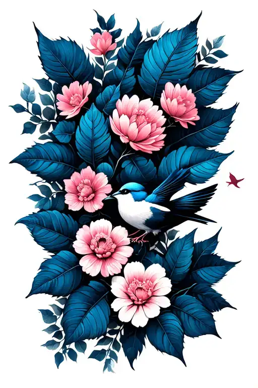 9 blue leaves, 11 pink leaves, 3 flowers, 4 birds – and a small bird flying away from the branch tattoo design idea