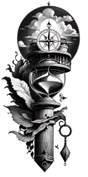 hourglass, lighthouse, compass tattoo design idea