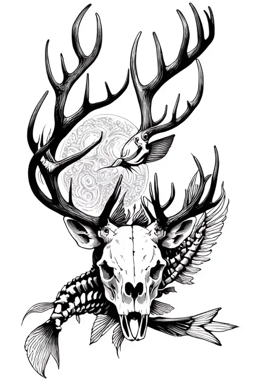 deer and elk skull and antlers and fish skeletons tattoo design idea