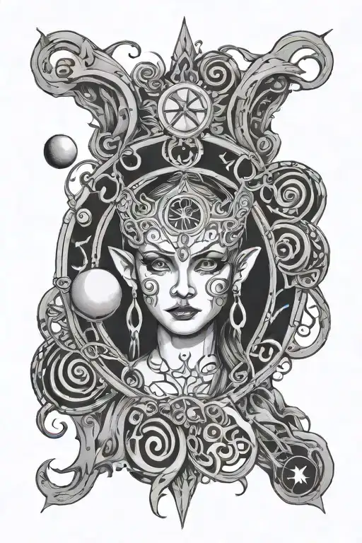 Hecate, protection rune, moon phases tattoo design idea