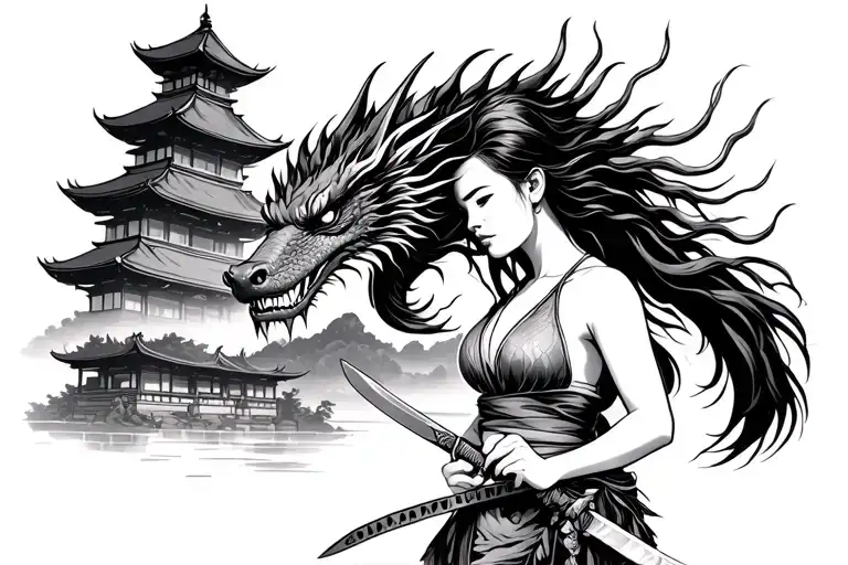 Japanese dragon Japanese building in background Japanese woman holding knife behind her back Hawaii tribe art tattoo design idea