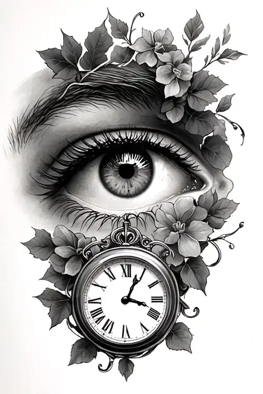 Tattoo on the birth daughter black and grey, eye with Ivy and clock tattoo design idea