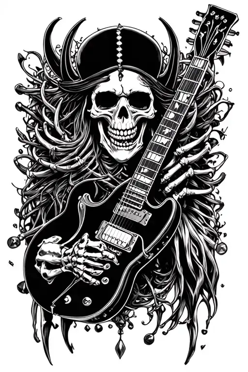 black metal skeleton creepy, studded bracelets etc, extreme, can include guitar, demonic satanic details, black metal. tattoo design idea