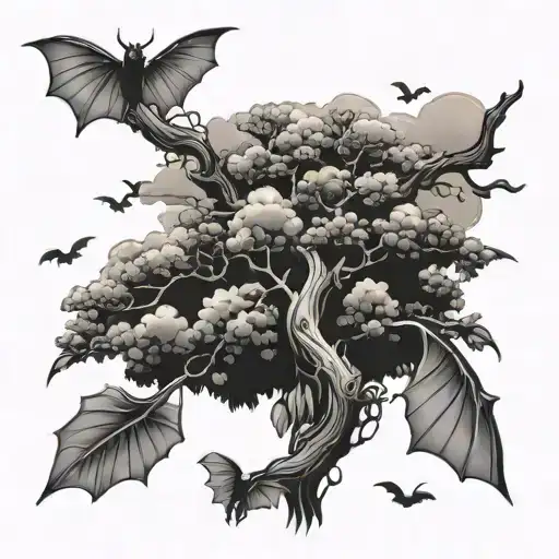 poison tree with clouds and bats flying tattoo design idea