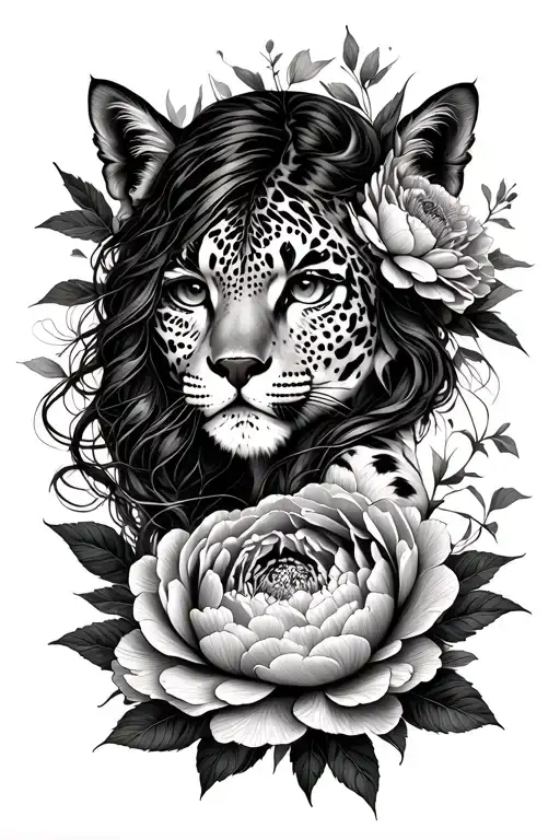 woman emerging from peonies, strength, resiliance, warrior, snow leopard tattoo design idea