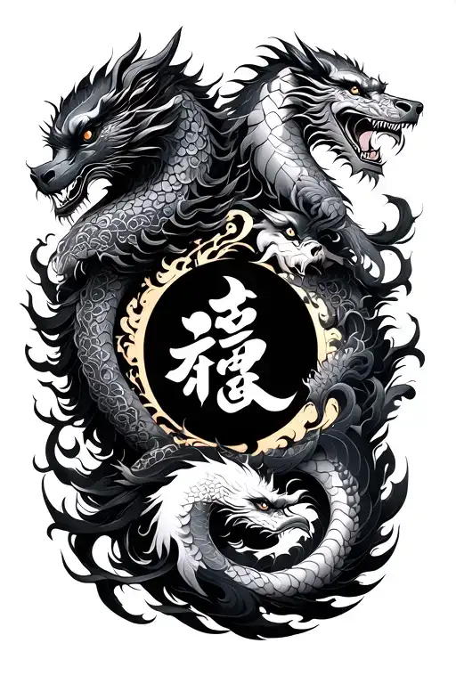 four auspicious beasts with taiji in the middle surrounded tattoo design idea