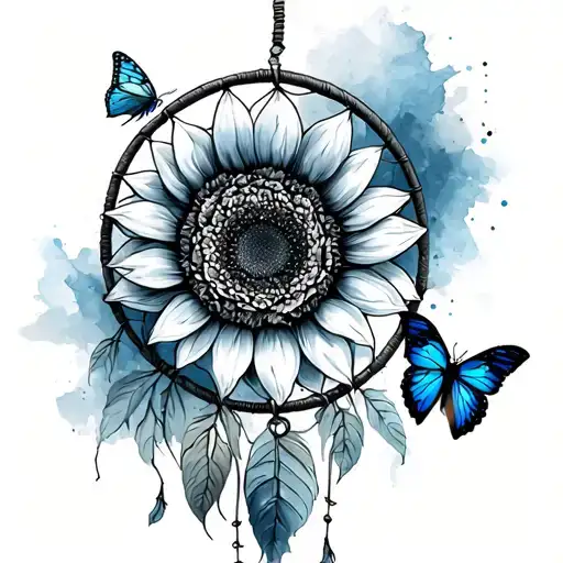 dreamcatcher with a sunflower, a blue rose intertwined on a watercolour background while an admiral butterfly hovers tattoo design idea