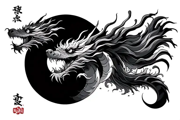Japanese dragon and sun and water waves tattoo design idea