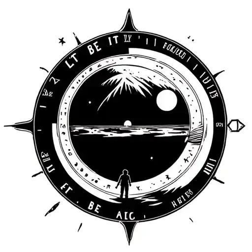 moon or a planet inside a watch dial, words let it be, beach, mountain, curious man standing, less black ink minimal tattoo design idea