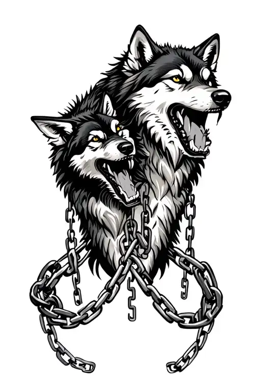 the grin of two Wolves on the shoulder blades holding chains in their teeth that go down the spine tattoo design idea