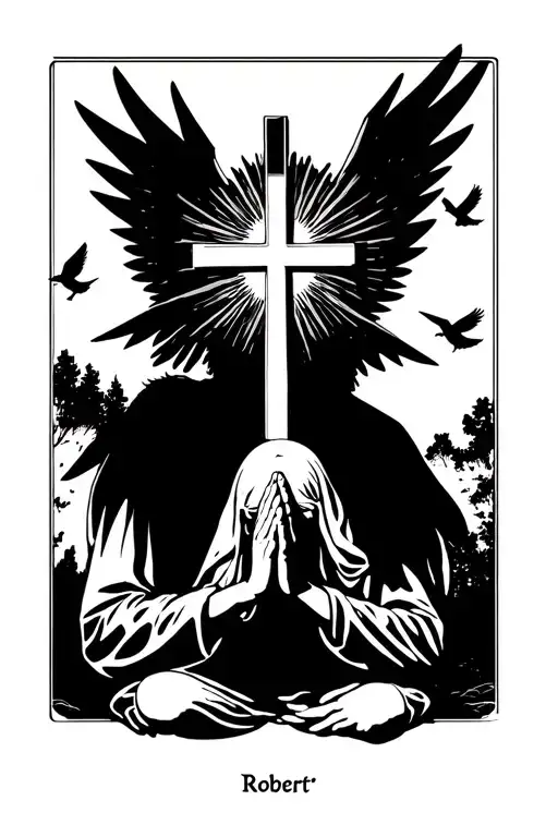 Sunshine onto triple crossTriple cross in the background of the angel praying“Robert” at the bottomLittle birds flyin tattoo design idea