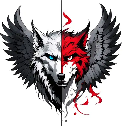 howl with one wing of angel and one wing of demon. one blue eye and one red eye tattoo design idea