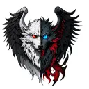 howl with one wing of angel and one wing of demon. one blue eye and one red eye tattoo design idea