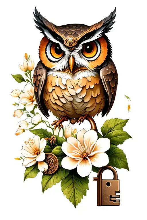 steampunk owl lock and key gardenias blooming flowers tattoo design idea