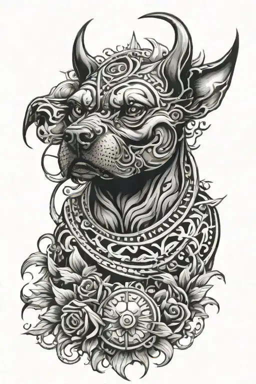 neotraditional full sleeve featuring black devil dog and a sun tattoo design idea
