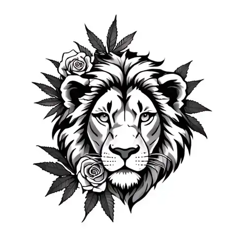 Black and white lion rose merged with weed leaf eye chest tattoo tattoo design idea
