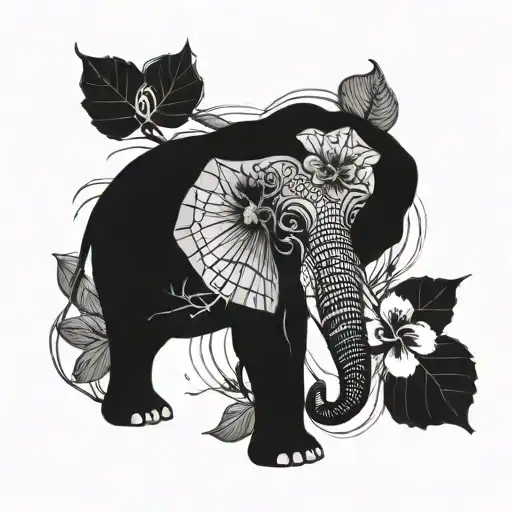 masculine elephant, hibiscus flower and spider webs tattoo design idea