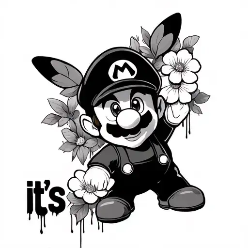 super mario, pikachu, som flowers and grafitti text "it's tattoo design idea